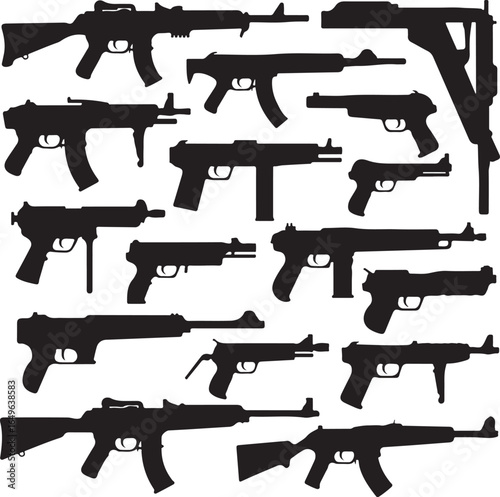 Assortment of Black Rifle and Pistol Silhouettes Keywords: rifle, pistol, gun, weapon, firearm