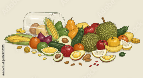 Collection of Vector Illustrations of Fruits and Vegetables Labeled with Vitamins Flowing from a Bowl