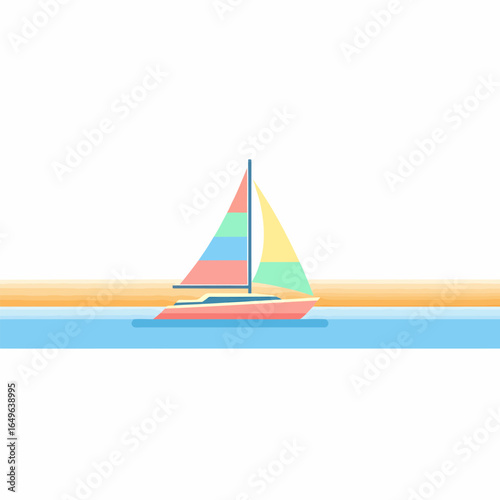 Colorful Sailboat Sailing on Blue Water with Striped Multicolored Sail.