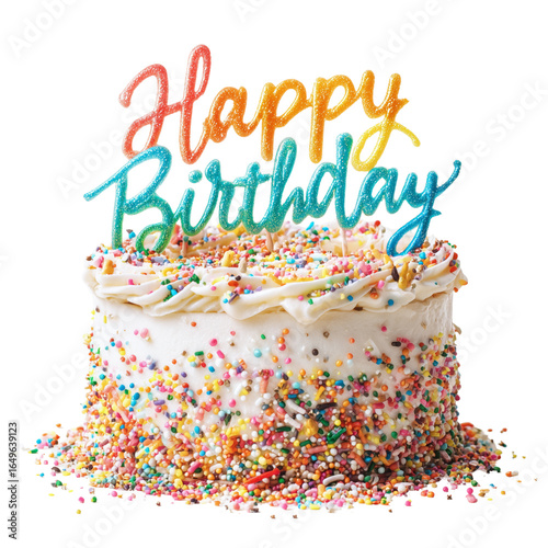 Deliciously decorated birthday cake with colorful sprinkles and a vibrant happy birthday topper isolated on transparent background