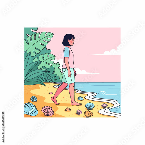 Woman Walking on Sandy Beach with Seashells Summer Vacation Illustration.