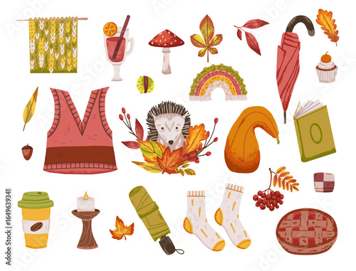 Autumn set with hedgehog, knitted waistcoast, coffee cup and yellow leaves in flat style. Cozy fall vector illustration