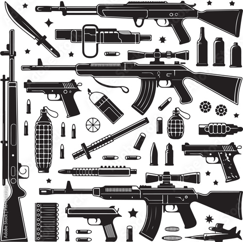 Assortment of modern firearms ammunition and combat gear assault rifle