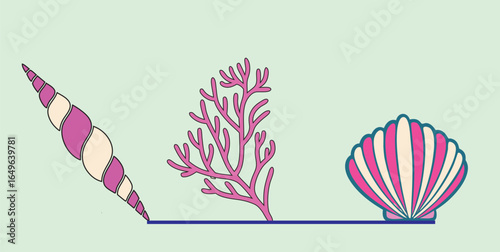 Pink Seashell and Coral on Pale Green Background conch