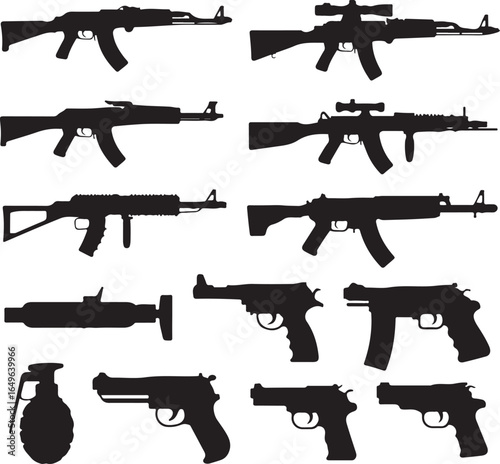 Assorted Black Silhouettes of Firearms and a Grenade on White rifle pistol