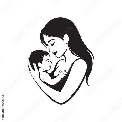 Elegant Mother and Baby Line Drawing  Minimalist Black and White Vector for Family Illustration, Tattoo Design, Baby Brand, Parenting Website, Greeting Cards or Packaging
