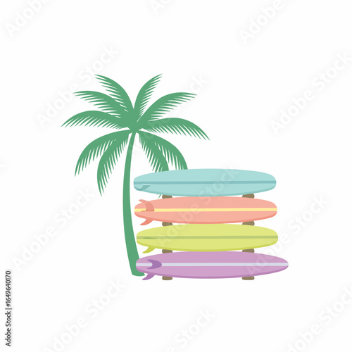 Tropical illustration of a green palm tree and a horizontal rack of four colorful pastel surfboards.