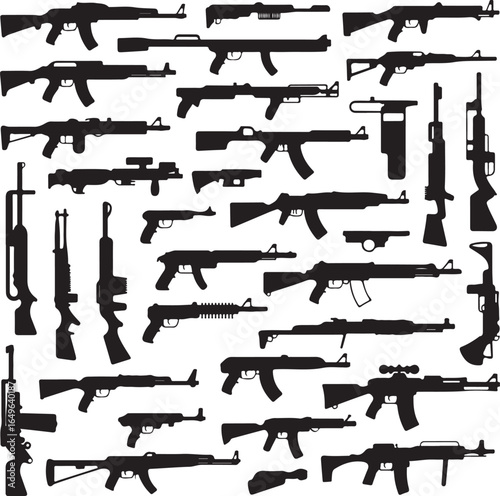 Extensive Assortment of Black Silhouettes of Diverse Firearms rifle pistol