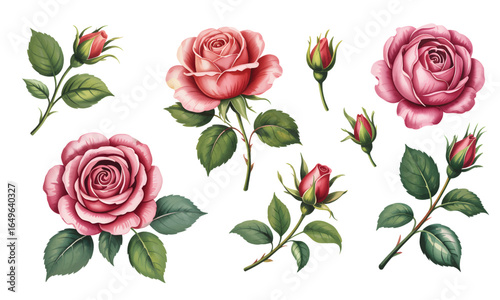 Soft blush rose clusters with leaves in botanical watercolor style. Watercolor rose flower vector isolator background 