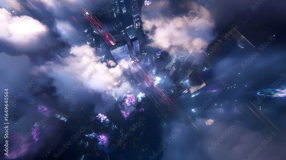 Obraz premium Expansive city landscape under a dramatic sky filled with numerous clouds creating a unique atmosphere