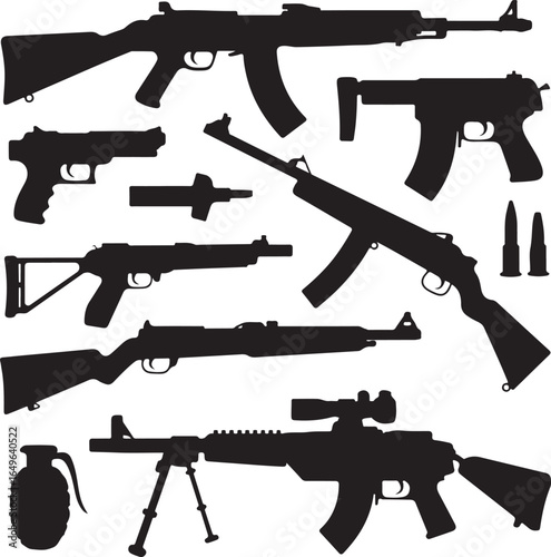 Assorted Firearm Silhouettes with Grenade and Ammunition weapon rifle
