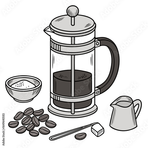 Hand Drawn French Press Coffee Pot with Beans Sugar and Creamer on White Background Illustration