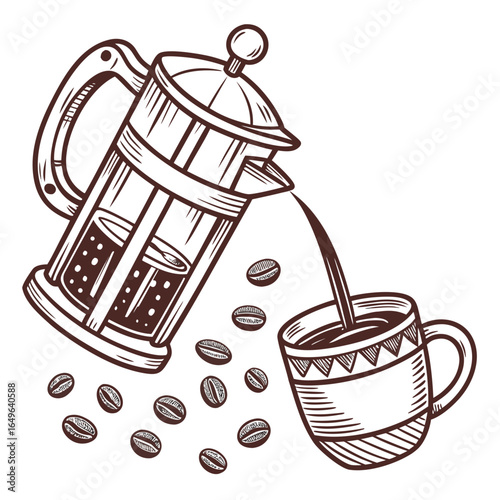 Hand Drawn French Press Coffee Pouring Into a Mug with Coffee Beans Scattered Around It