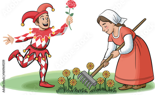 Jester's Gift A Joyful Moment in the Garden with a Flower for a Woman