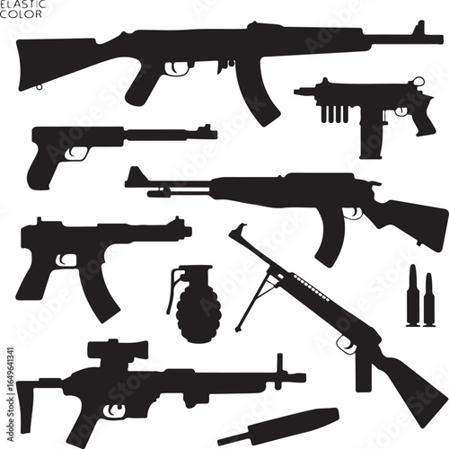 Variety of Firearm Silhouettes with Ammunition and Grenade weapon rifle