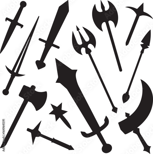 Assortment of medieval and fantasy weapons in silhouette sword dagger