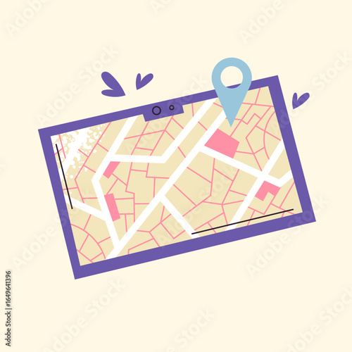 Vector illustration of a digital map on a tablet with a blue location pin. Colorful navigation concept for travel, tourism, and GPS-related projects