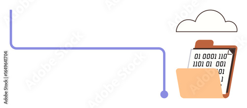Folder with binary data file connected to cloud via digital line. Ideal for cloud computing, digital storage, data hosting, online backup, software development, technology, simple flat metaphor