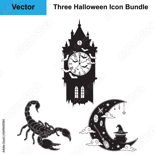 Clock Tower Scorpion Crescent Moon Silhouette Halloween Vector Bundle