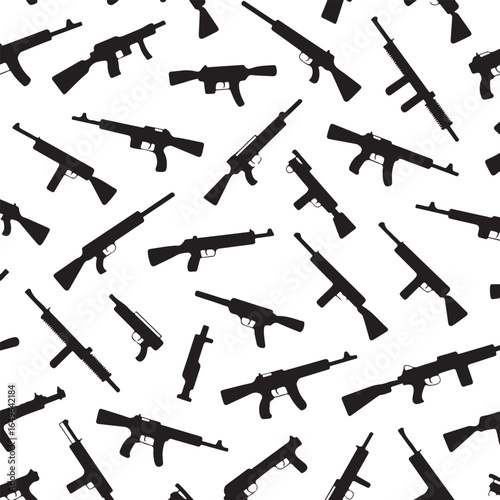 Repeating Pattern of Black Gun Silhouettes on White Background weapon firearm