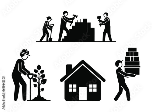 Team of builders constructing a house and gardener planting a tree, symbolizing teamwork and progress.