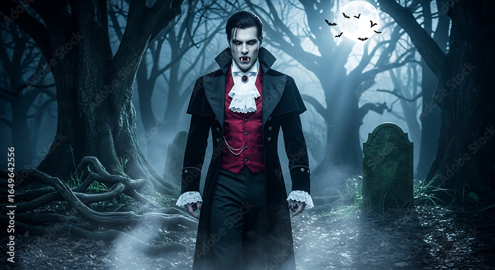Fototapeta premium A vampire in a dark forest with a full moon and bats flying overhead in a halloween scene setting