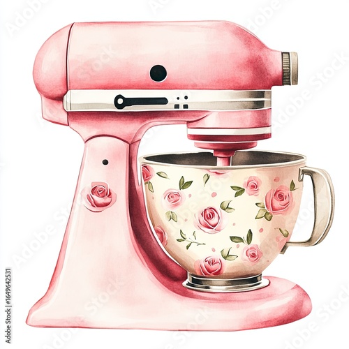 Pink stand mixer with floral mug.  A rosy-pink stand mixer, rendered in a watercolor style, sits against a white background.  