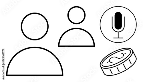 Outline of two user icons, a microphone, and a coin emphasizing themes of communication, collaboration, technology, digital currency, marketing, networking, and a simple landing page