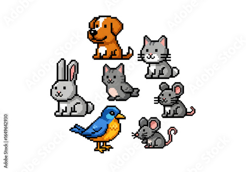 Pixel art pet animal set multi color png on transparent background