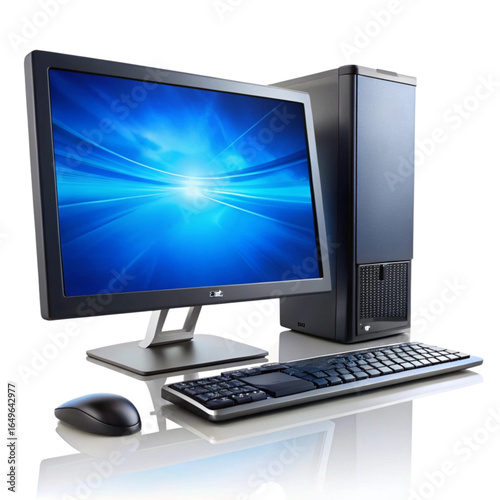 Desktop computer with monitor keyboard and mouse against black background