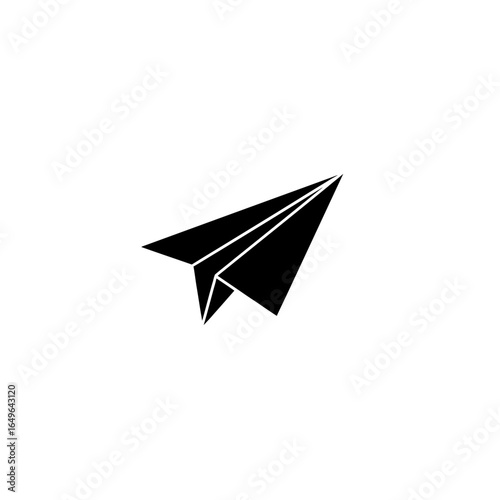 A simple black paper airplane isolated on a stark white background plane