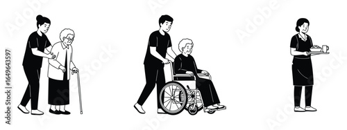 Caregivers assist elderly people with walking and a meal assistance helping