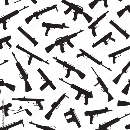 Seamless Pattern of Black Gun Silhouettes on White Background weapon firearm