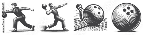 Vintage Hand-Drawn Bowler Stretching Before Throw Illustration, Sports Player Engraved Vector for Bowling and T-Shirt Design