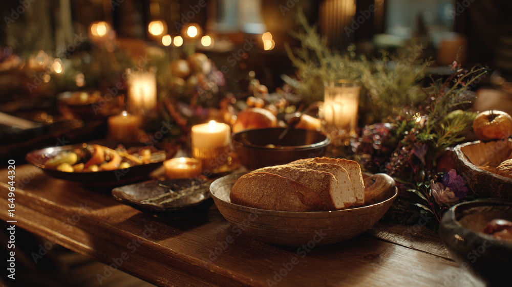 Naklejka premium Traditional autumn thanksgiving dinner table with roasted turkey candles and seasonal harvest foods