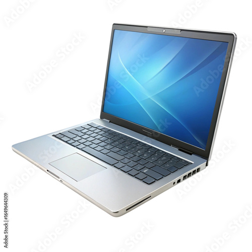 Silver laptop computer with blue screen on black background for design