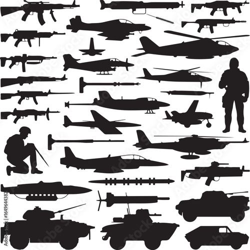 Military Silhouettes Featuring Weapons Aircraft Vehicles Soldiers and Equipment rifle assault rifle