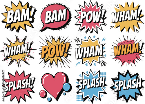 Comic Book Sound Effect Words Bam Pow Wham Splash Heart vector illustration