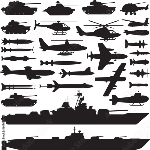 Silhouettes of Military Vehicles Including Tanks Helicopters Planes and Ships airplane bomber