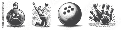 Vintage Hand-Drawn Bowling Strike Illustration, Sports Action Engraved Vector for Bowling and T-Shirt Design