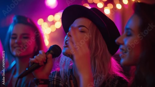 Woman singing karaoke with friends in a bar