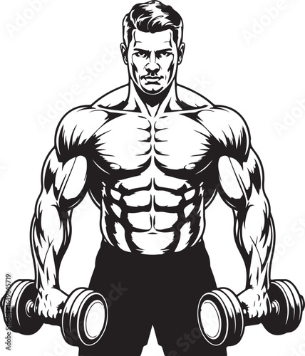 Muscular man with defined abs holding dumbbells in black and white bodybuilder fitness
