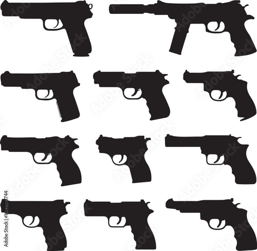 Collection of Black Handgun Silhouettes on White Background pistol firearm