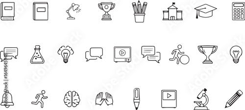 Collection of black and white outline icons related to education and learning vector