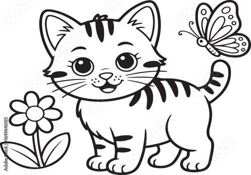 Playful tabby kitten with a butterfly and a flower in black and white animal