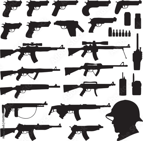 Collection of firearms and military equipment silhouettes including rifles and radios Keywords