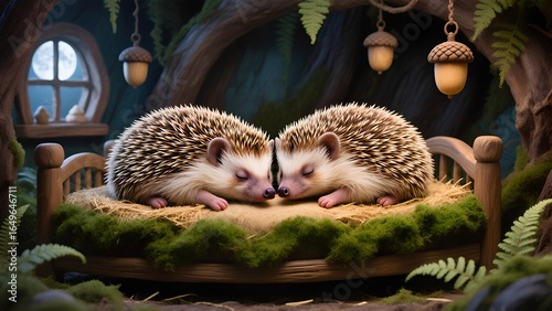 Two hedgehogs sleeping peacefully in cozy forest bed at night, fairy tale children’s illustration
