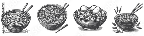 Vintage Hand-Drawn Somen Illustration, Japanese Engraved Vector for Food and T-Shirt Design