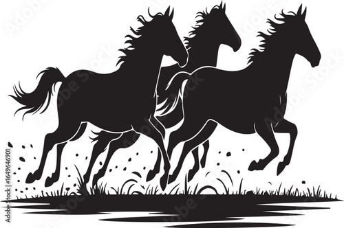 Silhouette of Three Horses Running Through Grass on White Background black
