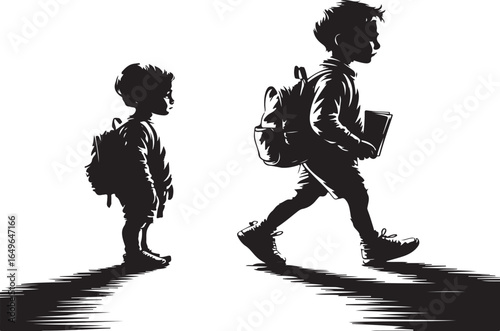 Two boys walking with backpacks and books, one ahead of the other children school
